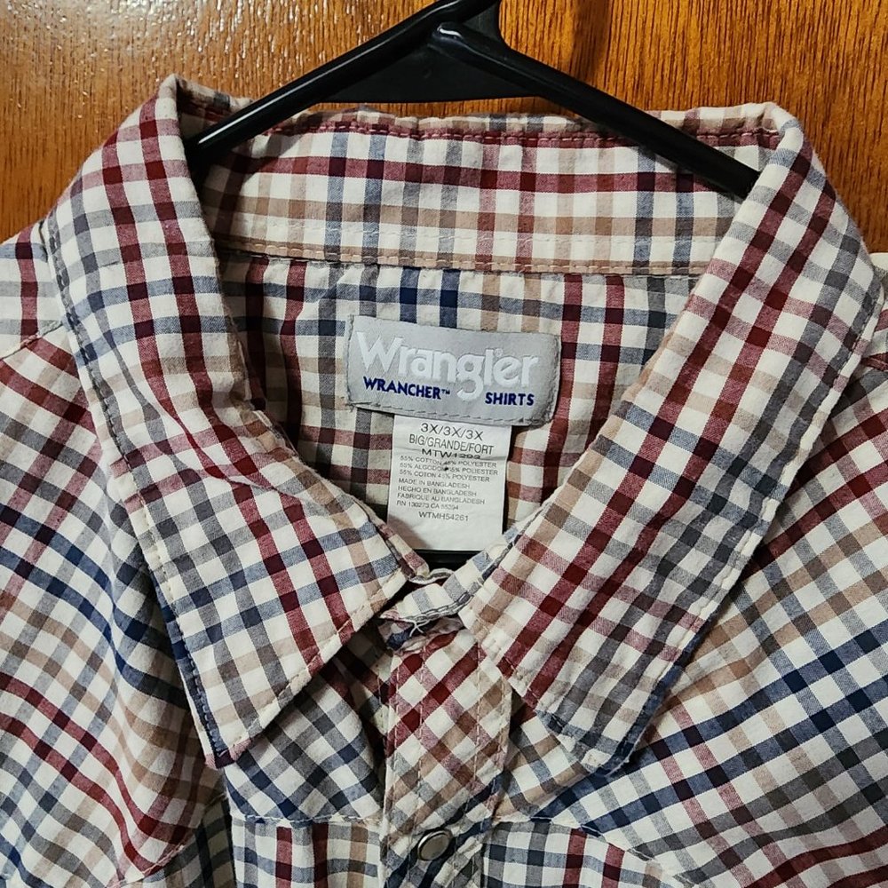 Men's 3X Wrangler Wrancher Blue/Red/Tan Short Sleeve Pearl Snap Down Shirt